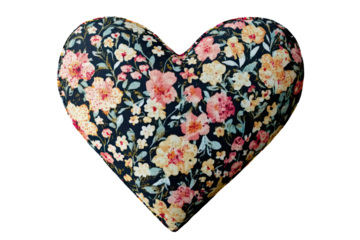 Floral heart-shaped pillow, decorative home accessory, soft fabric, colorful design, perfect for cozy living spaces.