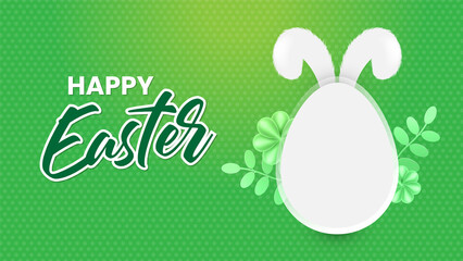 Happy Easter Green banner website. Place for text. greeting card, poster, flyer, Social Media Post. Festive Easter Background. Trendy Easter day design. Egg Hunt backdrop. Egg with Bunny Ears.