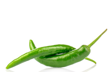 Green hot pepper pods isolated on white background, close-up.