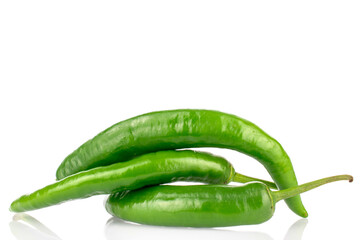 Green hot pepper pods isolated on white background, close-up.