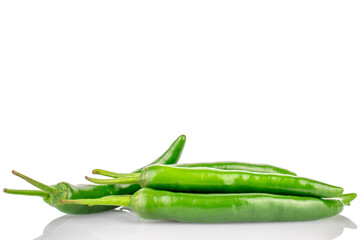 Green hot pepper pods isolated on white background, close-up.