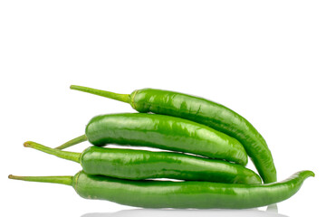 Green hot pepper pods isolated on white background, close-up.