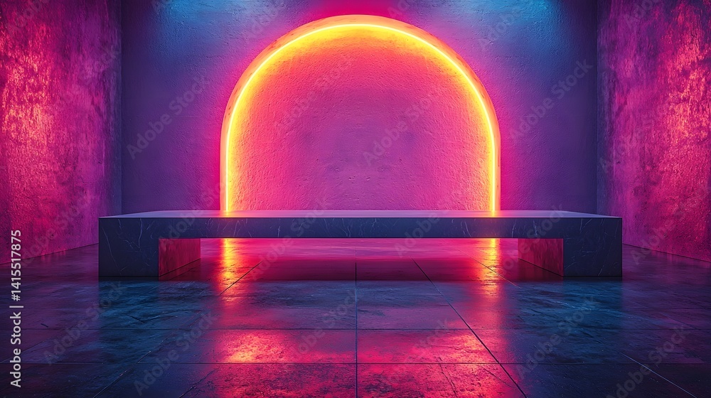 Poster glowing neon table in a futuristic product display setting