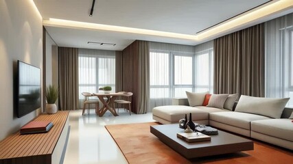 Luxury showcase livingroom with warm tones and stylish decor. Condo interior