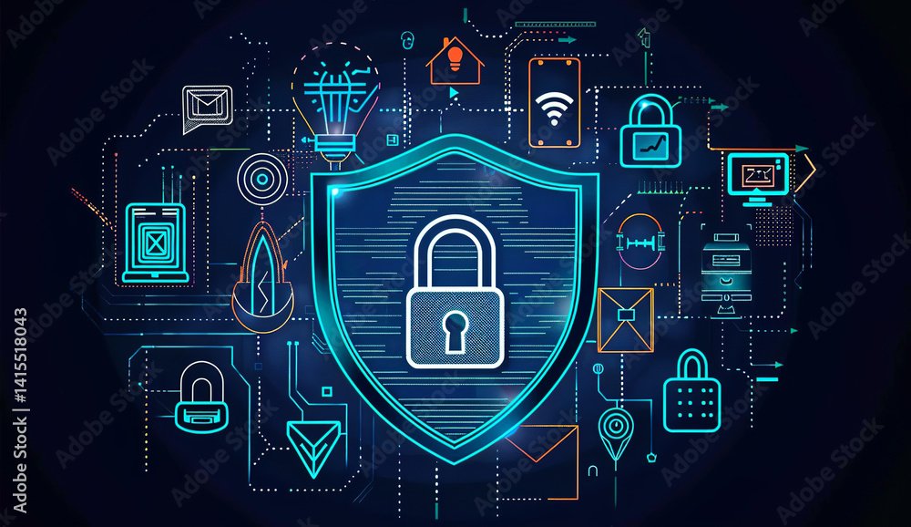 Poster cybersecurity interface with multiple padlocks and data protection symbols