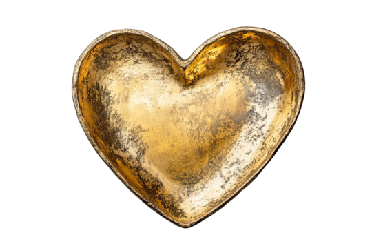 Golden heart shaped object, white isolated background.
