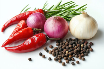 Red and white peppers on white background. Green and red peppers in a bunch.