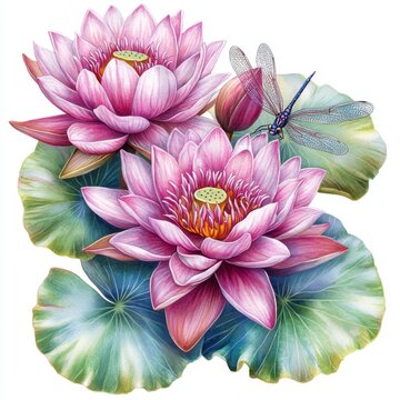 pink lotus flowers with dragonfly clip art preview