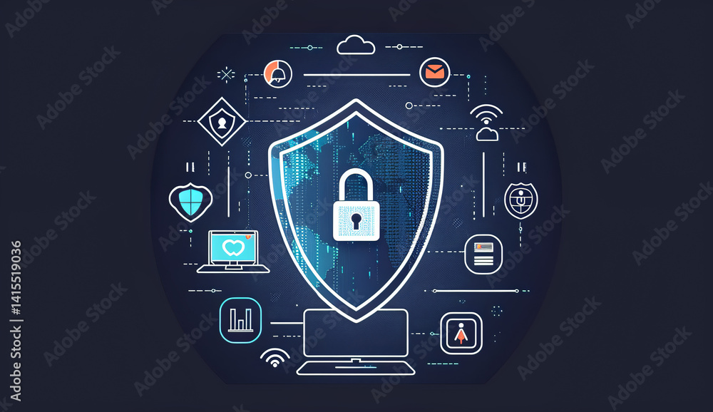 Poster cybersecurity network concept with lock symbol and connected icons