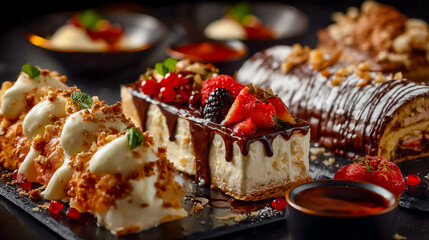 Delicious strawberry cake slice with red fruit and sweet cream