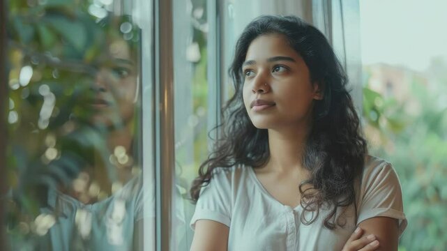 A woman lost in thought, gazing out the window with a reflective expression.
