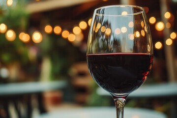 Toasting red wine bokeh restaurant Glass of red wine with blurred lights in the background.