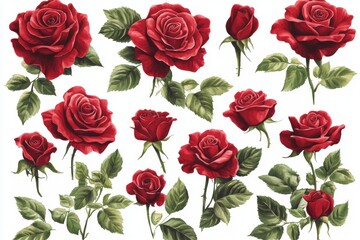 This botanical illustration, a watercolor painting of a red rose, is isolated on a vintage floral background and included in a summer set of flora botanic elements