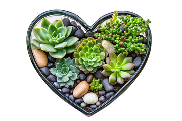Heart-shaped arrangement of various succulents and stones on a white background.