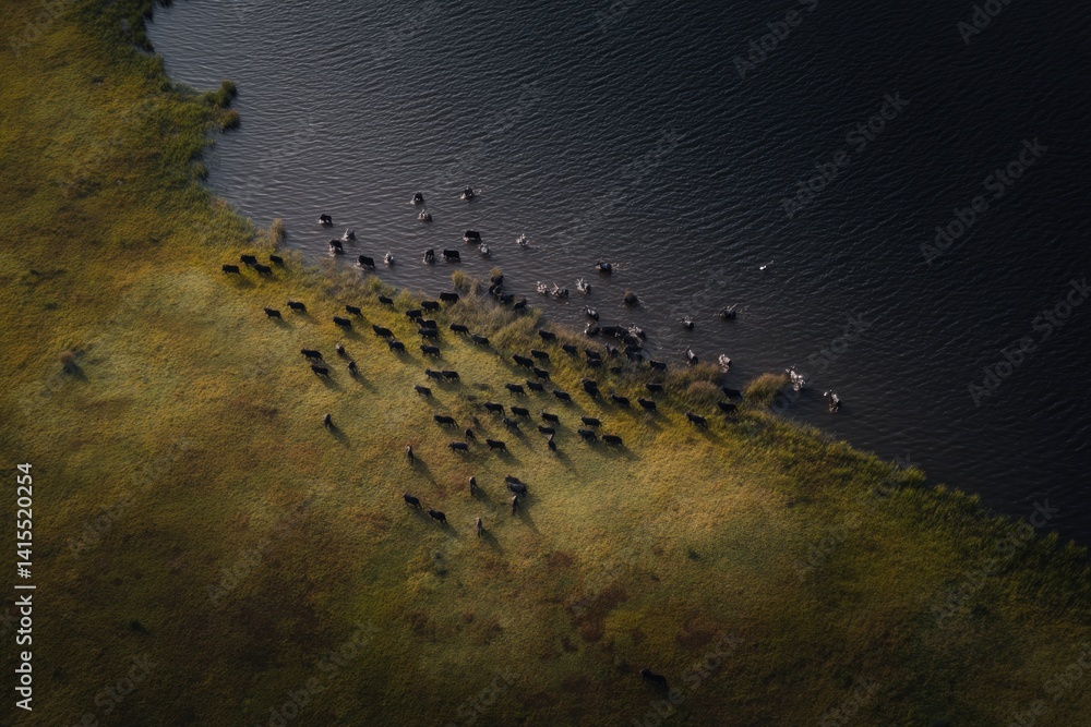 Poster drone aerial view capturing stunning array of diverse mammals congregating in natural habitat