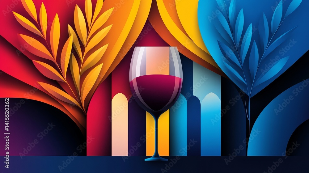 Aufkleber wineglass containing red wine stands in front of abstract colorful layered shapes with botanical lea