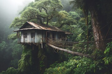 An old wooden treehouse nestled in a lush, green jungle.