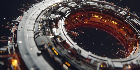Naklejka premium Complex ring structure with illuminated interior set against the backdrop of a dark space, showcasing intricate technological design.