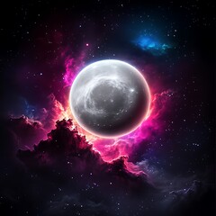 Obraz premium Mystical floating moon of neon mist celestial realm digital art cosmic space stunning viewpoint