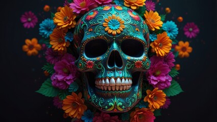 Fototapeta premium Festive glowing Día de los Muertos skull with neon flowers on dark background