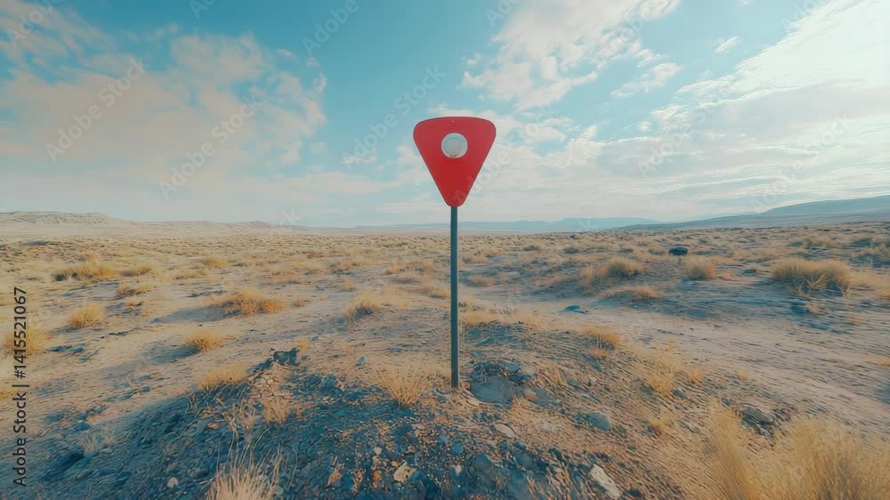 Poster red map pin in a desert setting, indicating a waypoint or location of interest.