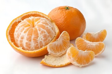 A peeled orange with a few slices arranged beside it, plain white background