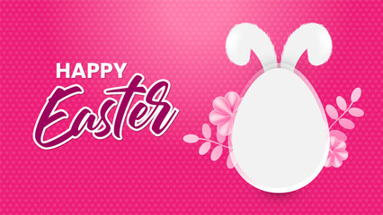 Happy Easter Pink banner website. Place for text. greeting card, poster, flyer, Social Media Post. Festive Easter Background. Trendy Easter day design. Egg Hunt backdrop. Egg with Bunny Ears.