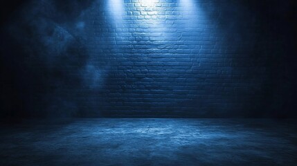 Empty room lit by spotlights, blue light, brick wall, smoky background, product display