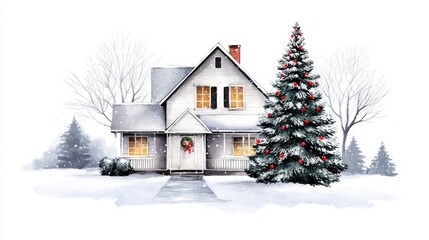 Fototapeta premium Watercolor Winter House Christmas Scene - Cozy winter house, snow covered, Christmas tree, warm lights, festive wreath; symbolizing peace, home, family, celebration, and winter joy
