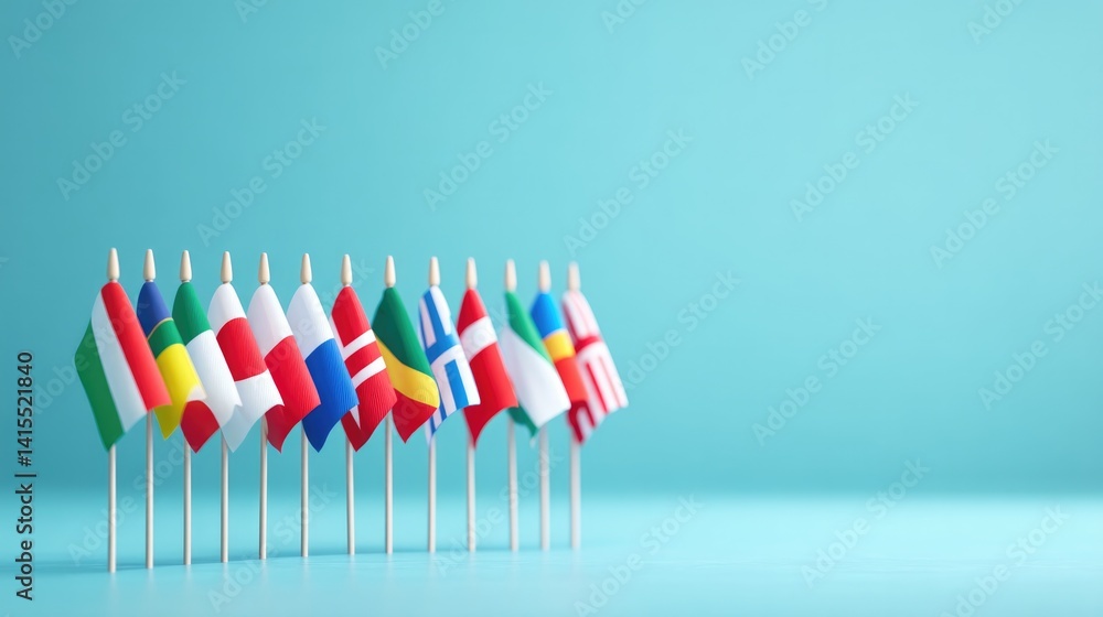 Poster neat desktop setup with flags from various countries symbolizing international cooperation