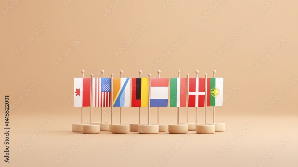 Poster neat desktop setup with flags from various countries symbolizing international cooperation