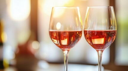 Toasting red wine bokeh restaurant Two glasses of rosé wine in a warm, inviting setting.