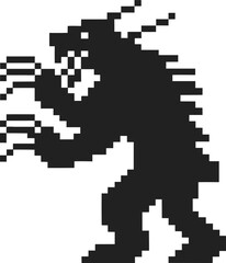 Fototapeta premium Retro 8 bit monster silhouette, pixel art creature, black on white