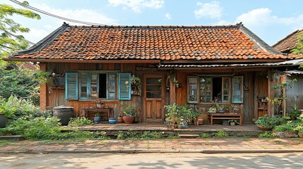 Fototapeta premium Rustic Wooden House With Teal Shutters And Garden