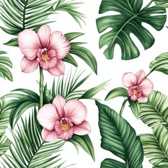 Seamless Hawaiian pattern with a watercolor floral background, featuring tropical palm leaves and exotic flowers in a botanical illustration