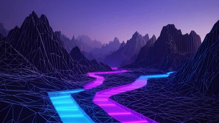 Retro Synthwave landscape with wireframe mountains and glowing neon river winding through a stylized, futuristic terrain. - Powered by Adobe