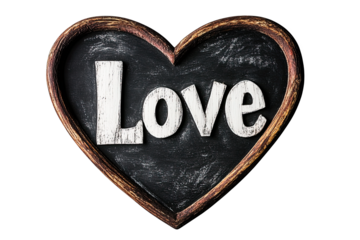 Heart-shaped chalkboard with the word love inscribed, perfect for decoration or romantic themes.