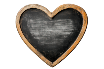 Heart-shaped chalkboard with wood frame for messages, white isolate background.