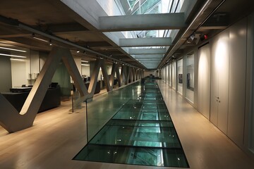 Obraz premium Modern office hallway with a glass floor, concrete and wood finishes, and geometric shapes.