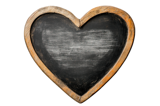 Heart-shaped chalkboard with wood frame for messages, white isolate background.