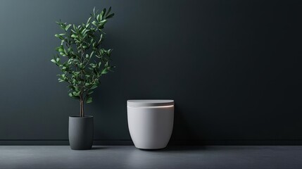 Minimalist modern loft outdoor smart toilet with matte black surfaces, ambient LED lighting, and sleek design