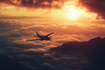 Majestic Single Engine Aircraft Gliding Through Sunset Sky Over Cloud-Covered California Mountains