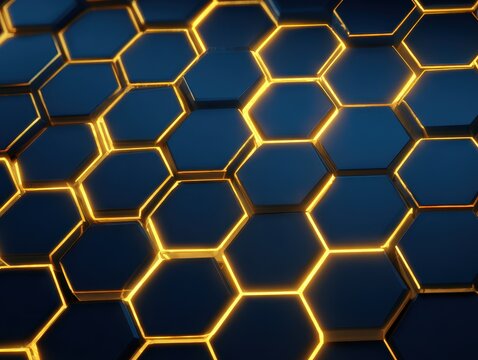 A close up shows dark blue hexagonal cells interconnected with glowing orange lines, resembling a futuristic, abstract honeycomb pattern.