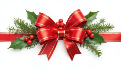 Festive Red Bow with Holly and Pine Christmas Decoration