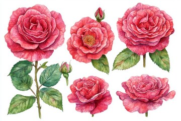 Fototapeta premium A set of elegant watercolor roses, featuring hand-painted pink flowers in a realistic style, suitable for creative projects, decor, and design, including floral clipart