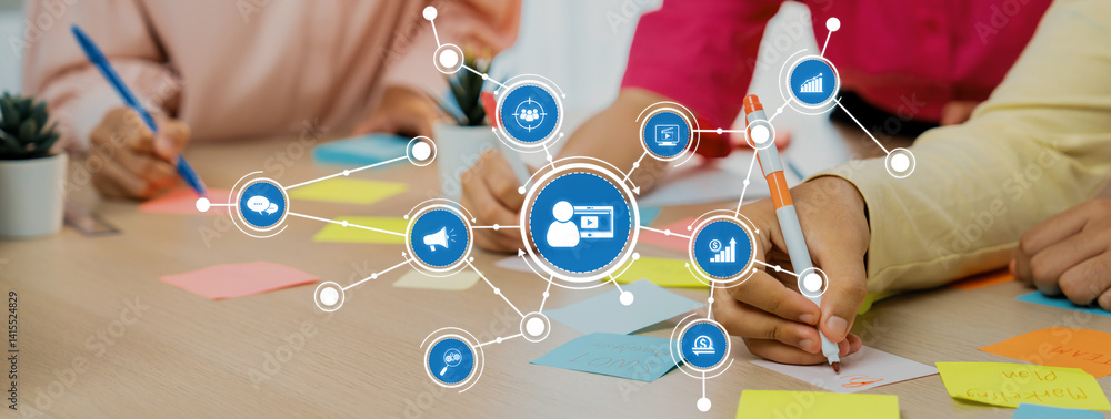 Poster collaborative marketing strategy session with sticky notes and brainstorming concepts in a bright of