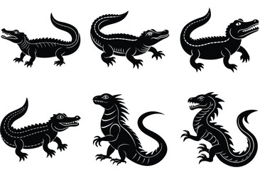 Black vector set of dragon silhouettes features wild reptile and dinosaur-like animal art, isolated on white