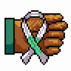 Naklejka premium Pixel Art Hand Holding Scissors with Green Handles