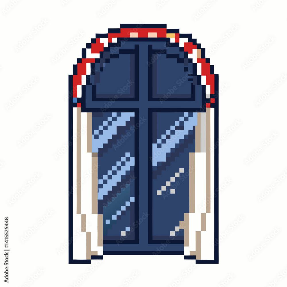 Poster retro pixel art arched window with curtains in classic style