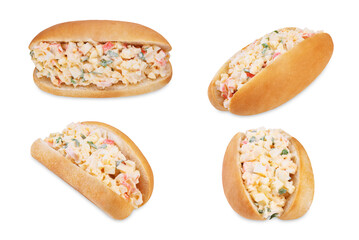 Imitatiom crab meat mayonnaise salad sandwich on a white isolated background